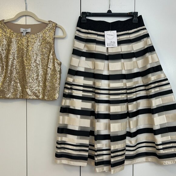 Stunning Badgley Mischka Cropped Gold Sequin Top and Striped Skirt Set - Picture 3 of 7